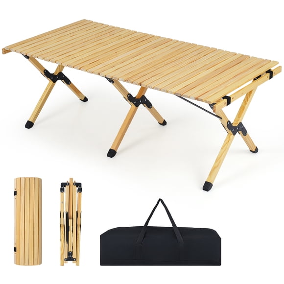 Costway Table de Camping Pliant de 48 Pouces, Portable, Enroulable, en Bois de Pin, Table de Pique-Nique avec Sac de Transport