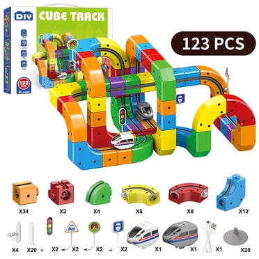 Ensemble de Piste de Course Flexible 3D Mises en Page Intégrées Ensemble de Piste pour Enfants Voiture Motorisée Défiante & Jouet de Construction Rail Cube Noël Anniversaire Garçons Filles