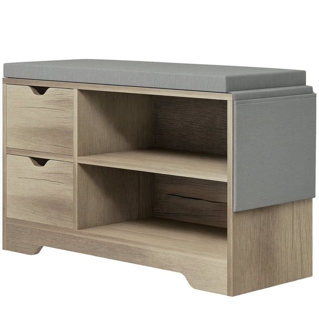 HOMCOM Banc à Chaussures d'Entrée avec Tiroir de Rangement, Tablette Ouverte et Pochette en Gris. Ce Banc de Rangement Comprend un Coussin Rembourré Amovible en Tissu de Lin Respirant, Deux Tiroirs Coulissants, Deux Étagères Ouvertes pour jusqu'à six Paires de Chaussures et une Pochette Latérale pour des magazines Ou de Petits Articles. Fabriqué en MDF durable d'Une Capacité de Charge de 330 Lb. Idéal comme Organisateur d'Entrée pour Couloirs, Chambres Ou Salons.