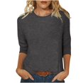 thumbnail image 2 of CHUANK T-Shirt Ajusté à Col Rond Mignon pour Femmes, Décontracté, Mi-Long, Manches 3/4, Blouse Extensible, Basique, Uni, Hauts, 2 of 5