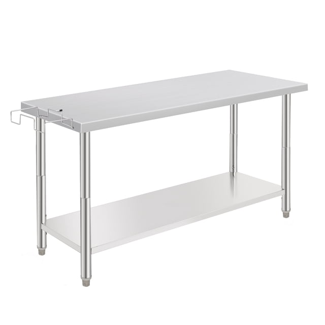 NSF Certified Stainless Steel Work Table - 60x24x35 Inch - Adjustable Undershelf, Tool Hooks, Removable Trash Rack, Straight Edge, No Casters, No Backsplash, For Kitchen & Warehouse