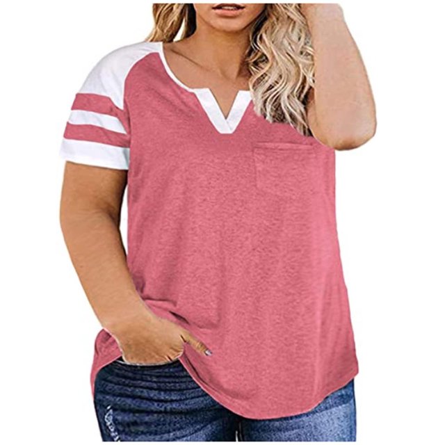 Summer Plus Size Ladies Summer Tops Clearance Women‘s Plus-Size Tops For Women Summer V Neck T Shirts Color Block Raglan Tees V Neck Tshirt Women on Clearance