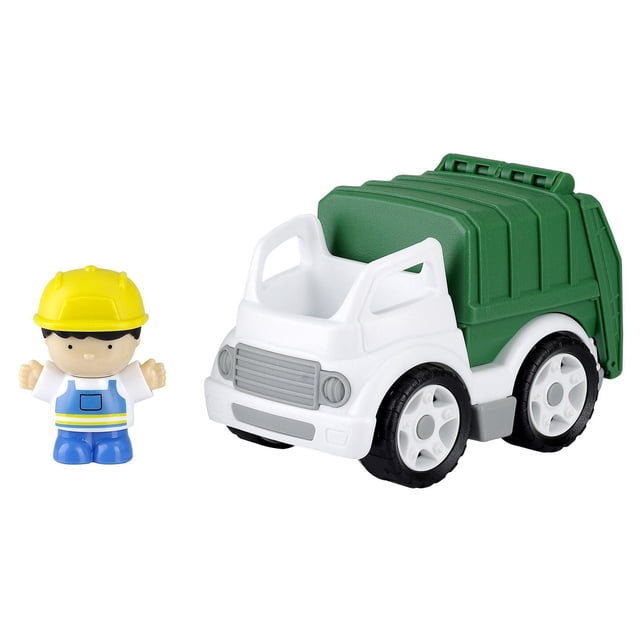 Kid Connection Mini Garbage Truck with Driver is a sturdy white and green plastic toy truck with black and white wheels and a small detachable driver figure wearing a yellow hard hat and blue overalls, designed for toddlers 24 months and up to encourage imaginative play and motor skills development, suitable for pushing and pulling during play.