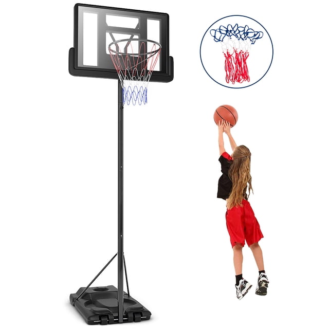 Costway Système de Panier de Basketball Portable à Hauteur Réglable avec Panneau Arrière en PE Incassable, Hauteur Réglable de 8,5 à 10 Pieds, et base Robuste Pouvant Être Remplie d'Eau Ou de Sable pour la Stabilité. Comprend un Filet en nylon Coloré, un Cadre en Acier Noir et Deux Roues Intégrées pour une Portabilité Facile. Convient à une Utilisation Intérieure et Extérieure dans les gyms, les Cours Arrière Ou au Bord de la Piscine. Comprend un Recoin Rond sur la base pour le Rangement de Basketball. un Enfant Est Montré Tirant un Ballon de Basketball dans le Panier.