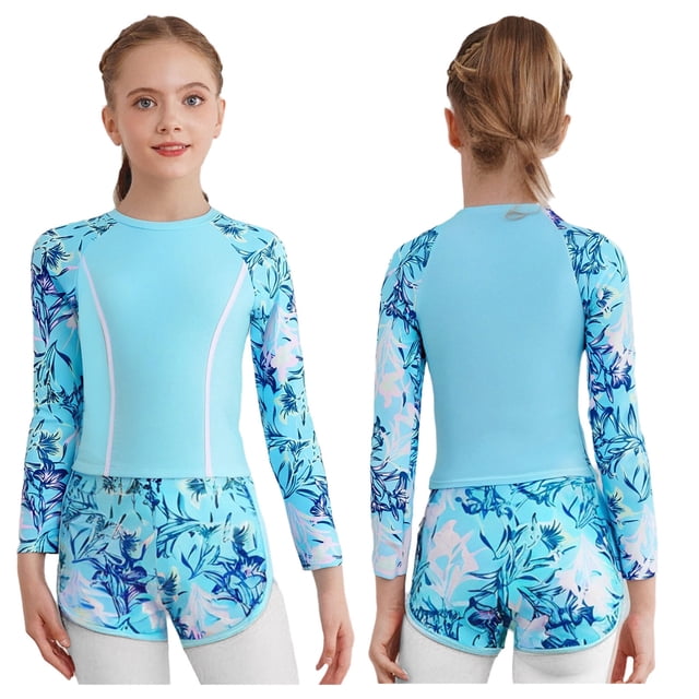 Eandarui Kids Girls 2 Piece Rash Guards Swimsuit Long Sleeve Patchwork Flower Print with Short Swimwear Blue 120