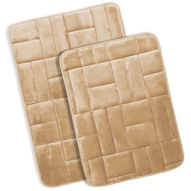 Clara Clark Bathroom Rugs, Velvet Memory Foam Bath Mat, Ultra Soft Non Slip and Absorbent - Tiled - Set of 2 - Beige