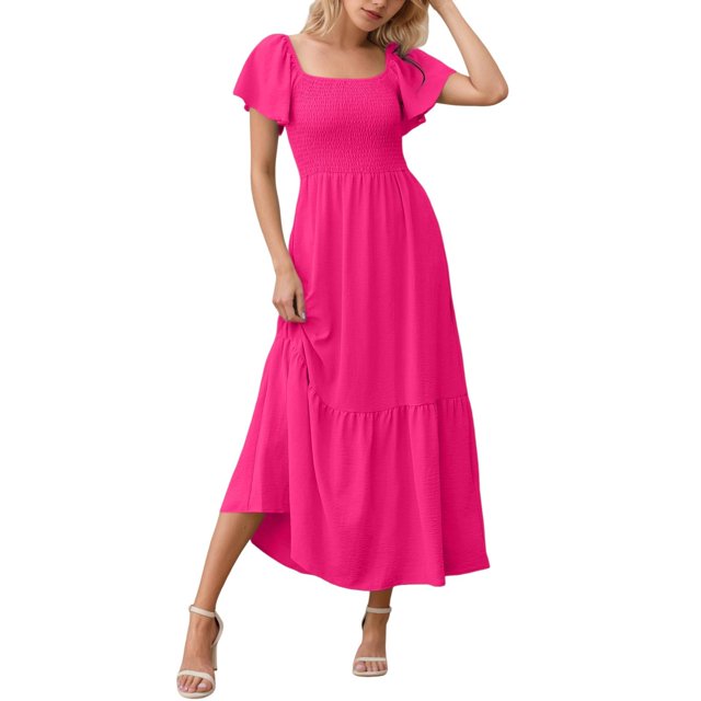 Robes Maxi pour Femmes à Encolure Carrée, Manches Volantées, Robe Smockée avec Poches