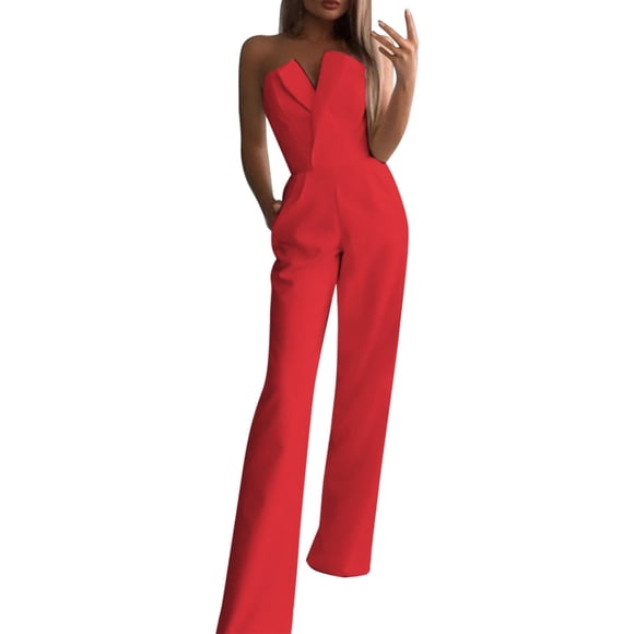 TrendOFT Summer Jumpsuit For Women Dressy Solid Tube Top Sleeveless Cold Shoulder Wide Leg Pockets Rompers For Women One Piece Overalls Red S