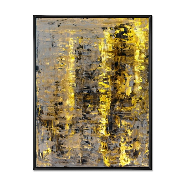 Designart Yellow Meets Grey Abstract Art II FLOAT FRAME WALL Art is a modern Abstract canvas print with textured Yellow, Grey, and black brush strokes, gallery-wrapped on premium cotton canvas and stretched over a 1-inch wood subframe, framed in a slim black floating FRAME, arriving ready to hang and ideal for contemporary home Decor.