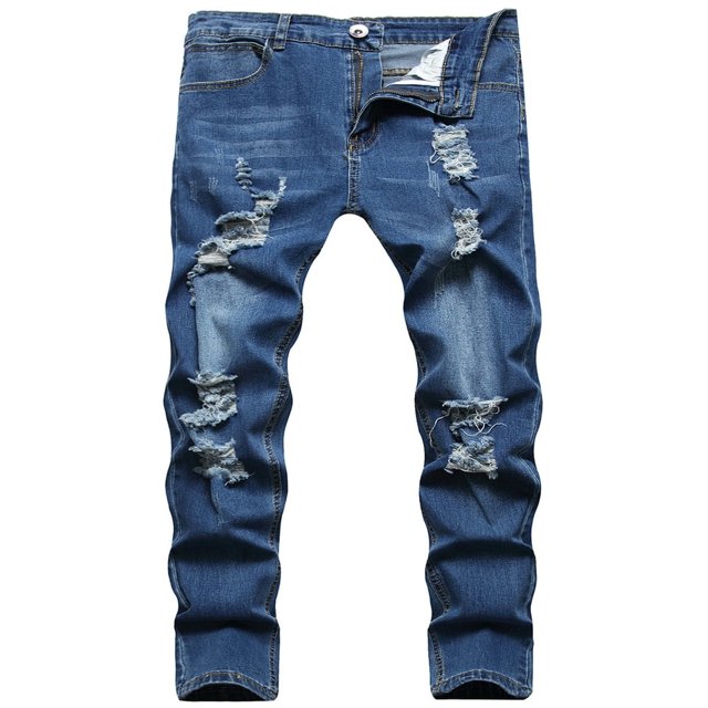 Men‘s Ripped Skinny Jeans Casual Male Slim Solid Color Long Trousers