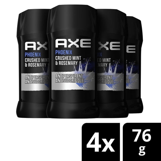 AXE Phoenix Crushed Mint & Rosemary Antiperspirant Stick 4-pack featuring four black sticks with blue and white labels, each containing 76 g of antiperspirant that provides 48-hour sweat and odour protection with a fresh herbal scent.
