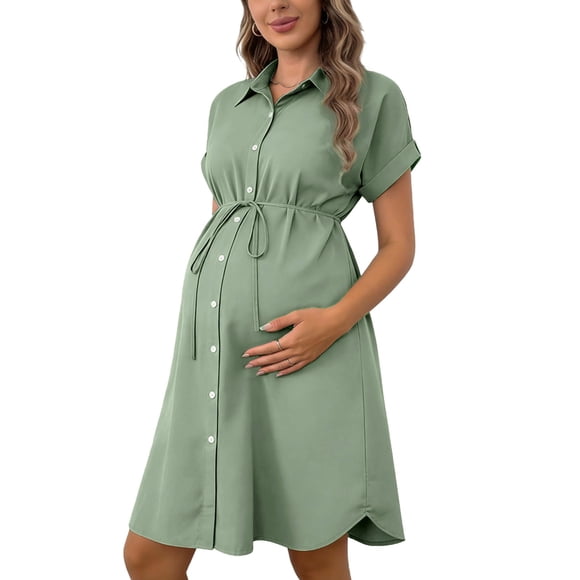 RXMEKW Maternity Dress with Lapel and Elastic Belt for Women, Long Sleeve Shirt Dress for Pregnancy, Polyester, Black