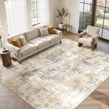 UERMEI Tapis 274 X 366 cm pour Salon, Lavable et Antidérapant, Idéal pour la Chambre Ou la Décoration Intérieure. Motif Abstrait Moderne, Gris et Or.