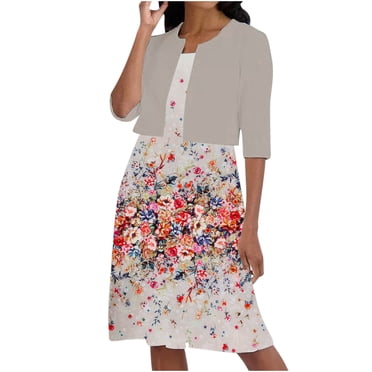 Pompotops Ensemble Deux Pièces pour Femme d'Été Imprimé à Col Rond Élégant Robe Trapèze à Bretelles et Cardigan à Manches Mi-Longues