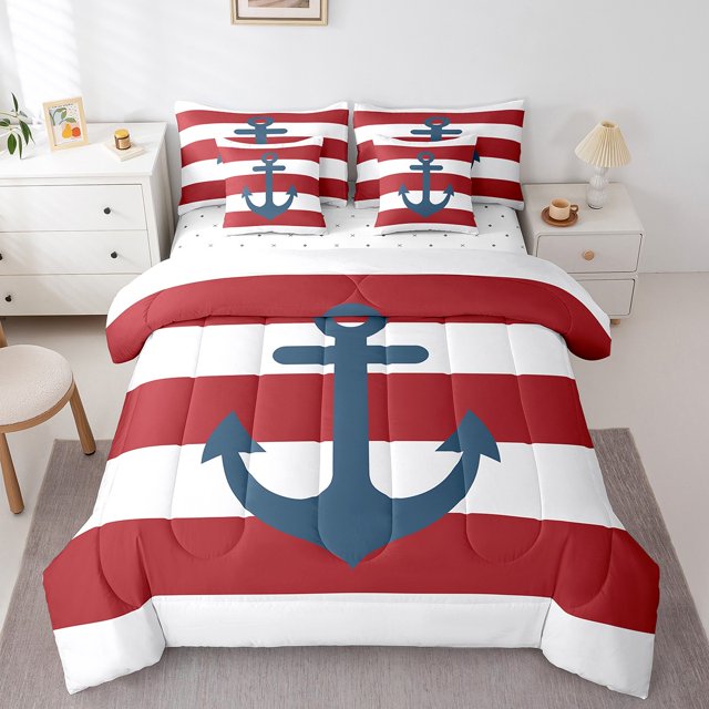 Erosebridal Blue Anchor Bed In A Bag Full Size,Ocean Sea Bed Set,Nautical Room Decorative,Reversible,Breathable,7-Piece