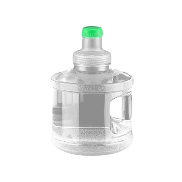 Water Dispenser Bottle Jug with Handle Water Storage Container Pure Water Barrel 7.5L Round. A transparent round water bottle with a green cap, featuring a built-in handle for portability. Made from durable, odorless material with high sealing performance, suitable for water dispensers and various activities like camping, picnics, and fishing.