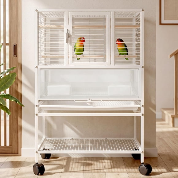 32" Large Bird Cage, 2-in-1 Bird Carrier with Stand for Parakeets, Parrots, Cockatiel, White