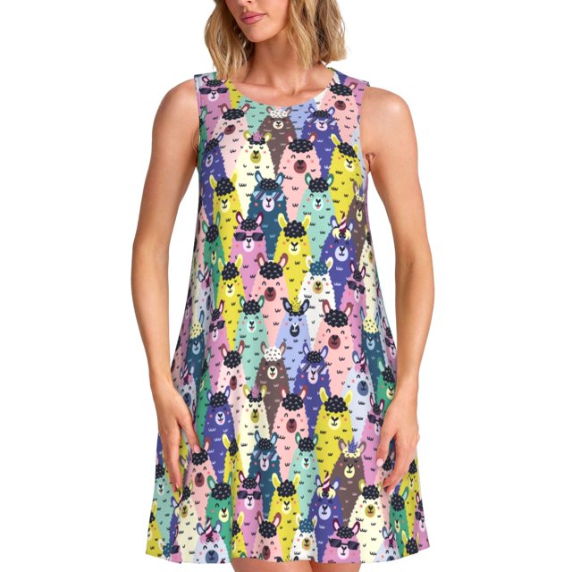 Vsdgher Robe d'Été à Imprimé Coloré Lamas pour Femmes, Décontractée, Col en U, Robe de Plage Sans Manches, Débardeur Ample, Robe Soleil avec Poche