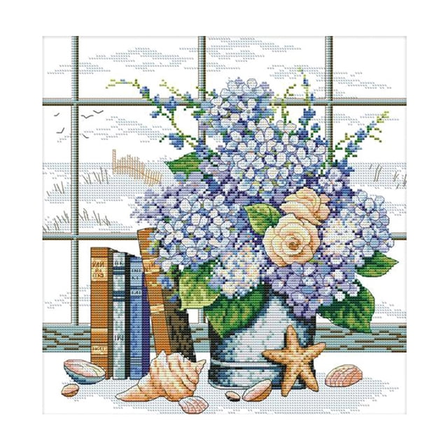 Stamped Cross Stitch Kits 14 Count Embroidery Cloth featuring a flower windowsill pattern. The design includes hydrangeas, roses, books, seashells, and a starfish arranged on a windowsill with a scenic outdoor view. Multicolour cotton cloth measuring approximately 35 x 36 cm. Suitable for DIY crafts, beginners, and home decoration in living rooms, bedrooms, or kitchens. Includes embroidery cloth, pre-sorted thread, needles, instructions, and drawings.