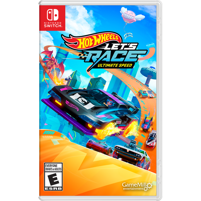 Hot Wheels Let's Race: Ultimate Speed Nintendo Switch game cover showing a black and purple Hot Wheels car with flaming wheels racing on an orange elevated track through a futuristic cityscape, alongside colorful cars, a fire-breathing dragon, and a smiling pink balloon with wings in a bright blue sky.