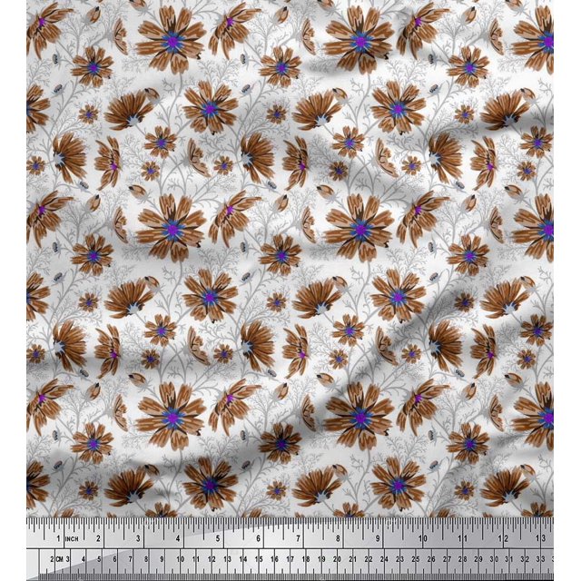 Soimoi Cotton Poplin Fabric Leaves & Cosmos Floral Decor Fabric Printed Yard 56 Inch Wide