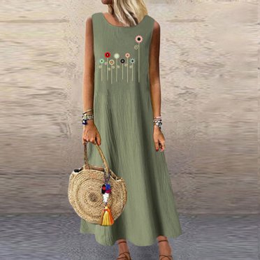 Meichang Robes Sans Manches en Coton et Lin pour Femmes Tendance à Imprimé Pissenlit Col Ras du Cou Robes Maxi Robes d'Été de Plage Robes Débardeurs Fluides de Travail Longues Robes Vert Armée TTTG