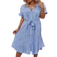 thumbnail image 2 of Femmes Bouton vers le Bas Midi Robe à Manches Courtes Imprimé Floral Ceinture en Vrac Robe Chemise Jaune M, 2 of 8