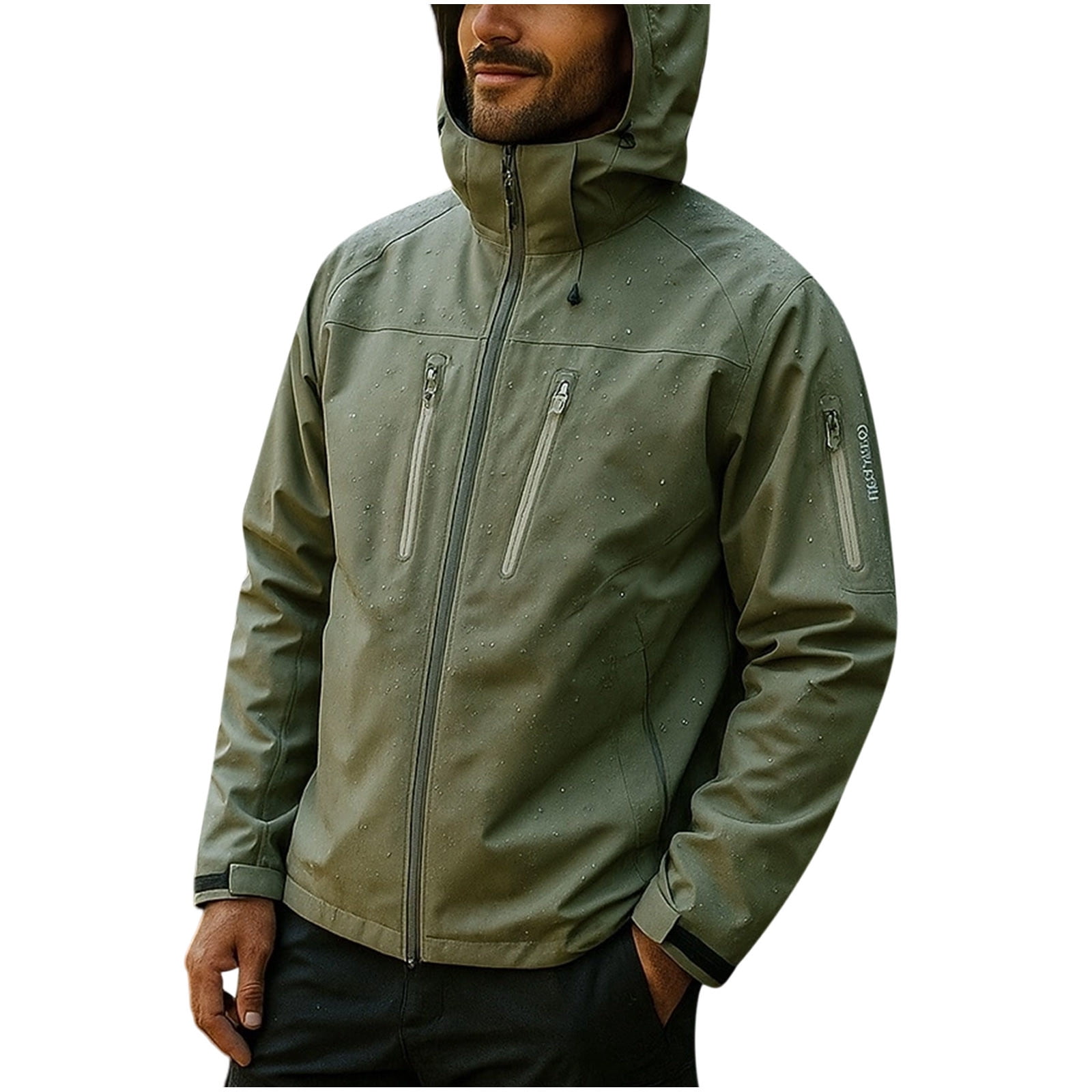 Lovzfmll Men's Rain Jacket Waterproof Windproof Hooded Outdoor Shell Army Green, L
