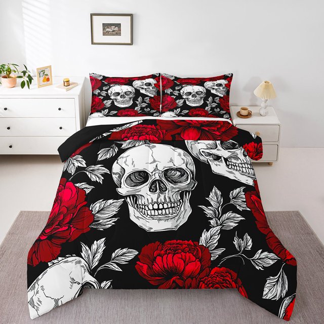 Erosebridal Ensembles de Couette Crâne de Sucre, Couettes et Duvets Floraux Rouges Vintage, Décoration de Chambre Gothique d'Halloween, Réversible 2 Pcs