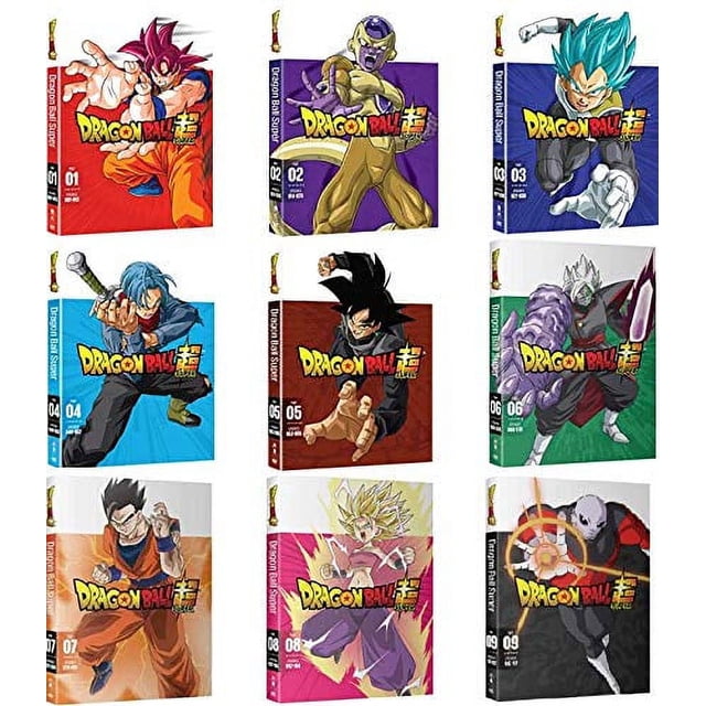 Dragon Ball Super Complete Series DVD Part 1-9 collection showcasing colorful cover art of popular anime characters such as Goku, Vegeta, Frieza, and others. Each DVD case highlights unique artwork and episode details. The set is formatted in NTSC with English subtitles and audio options in Japanese Dolby Digital 2.0 Stereo and English Dolby Digital 5.1. Region 1 compatible for U.S. and Canada, ideal for anime enthusiasts.