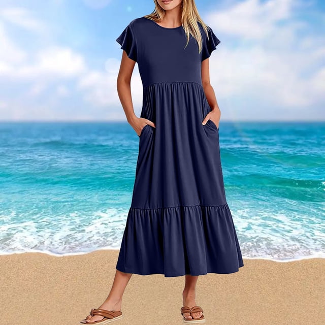 Robes d'Été Grande Taille pour Femmes 2024 Décontractées à Manches Courtes Col Ras du Cou Robe Décontractée Fluide à Étages Maxi de Plage avec Poches Économisez jusqu'à 65 % de Rabais!