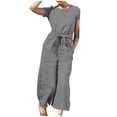thumbnail image 1 of Yuyuzo Women Cotton Linen Jumpsuits Summer One-Piece Outfits Short Sleeve Wide Leg Long Pants Rompers, 1 of 7