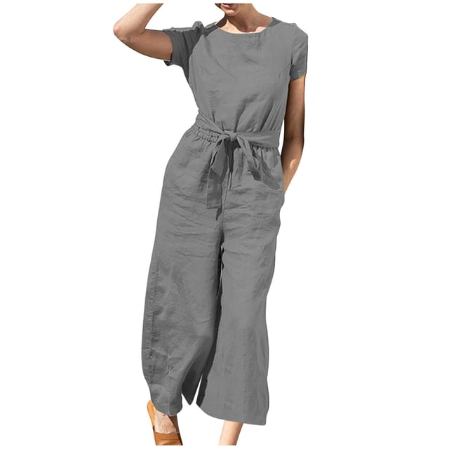Yuyuzo Women Cotton Linen Jumpsuits Summer One-Piece Outfits Short Sleeve Wide Leg Long Pants Rompers