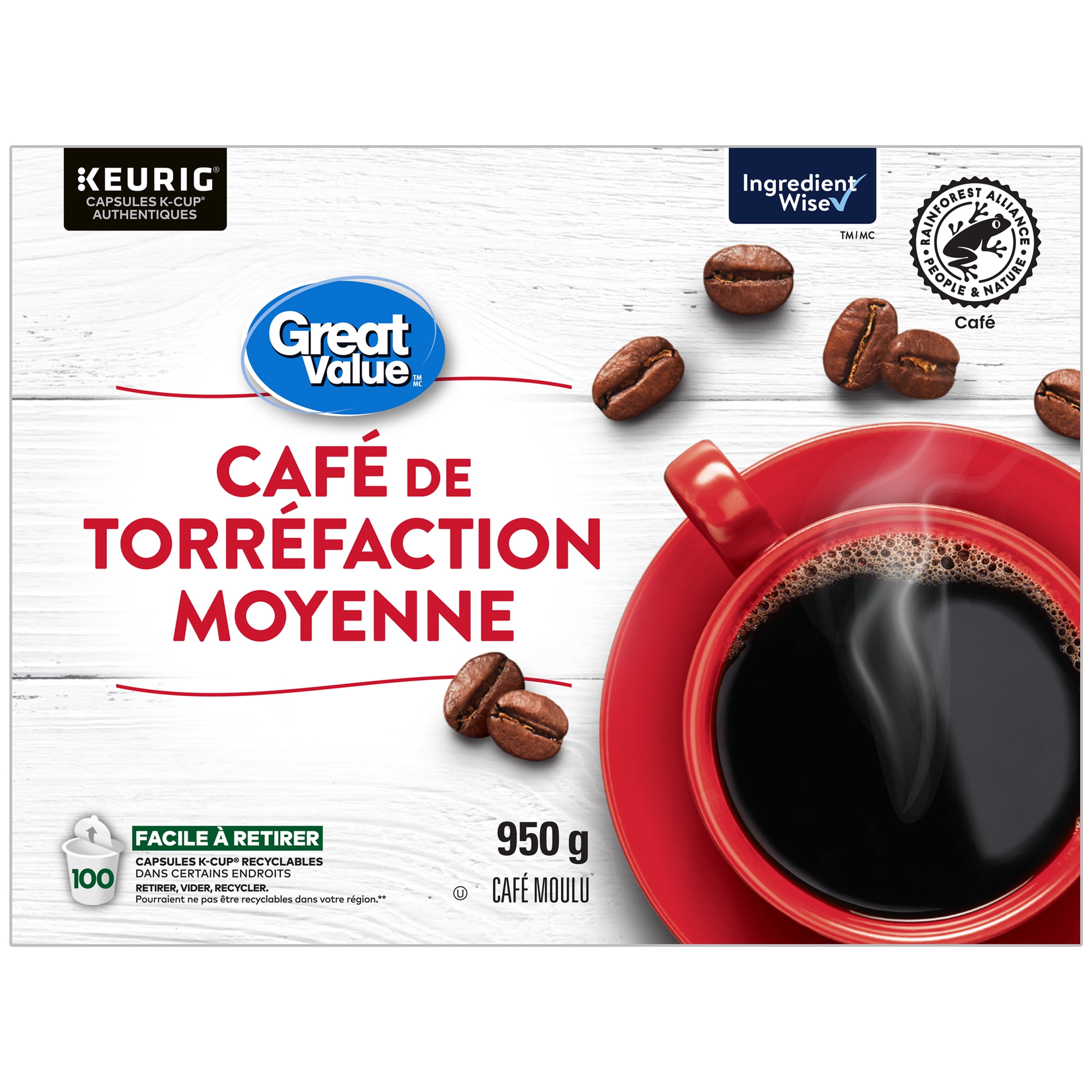 Café de torréfaction moyenne Great Value 100 capsules de café