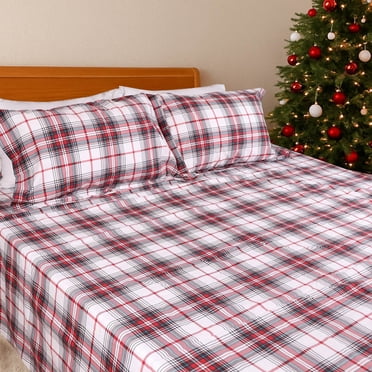 Kingrest 100% Cotton Queen Christmas Sheet Set - 4 Piece Lightweight & Cooling Bed Sheets, 16 Inch Deep Pocket, Breathable Percale Bedding, Soft & Durable Luxury Sheets (Christmas Plaid)