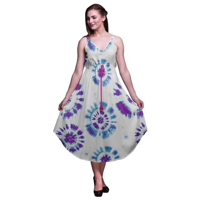 Bimba Tie-Dye Ladies Printed Resort Midi Drawstring Dress Spaghetti Strap Beach Wear-X-Large