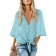thumbnail image 1 of Women's V Neck Tops Ruffle 3/4 Sleeve Tie Knot Blouses Button Down Shirts - BLUE, 1 of 3