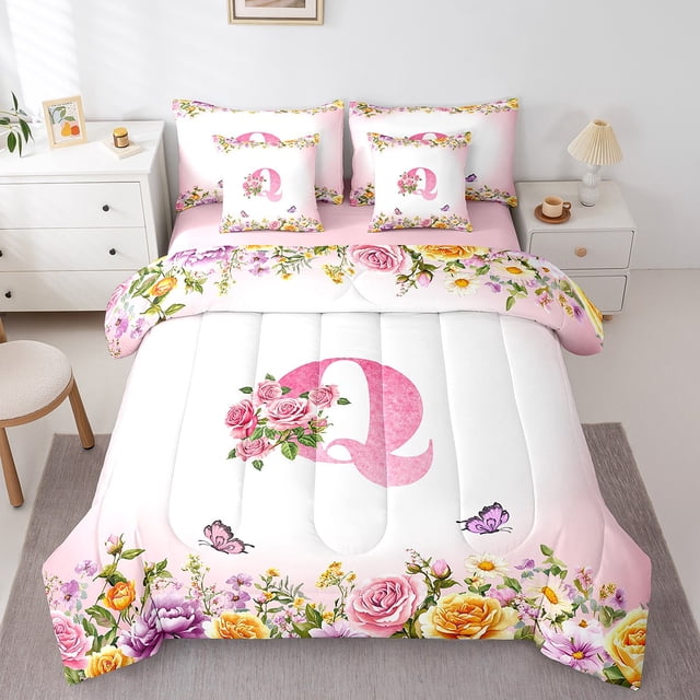 Erosebridal Ensemble de Literie Tout-en-un Format Double pour Ados, Ensemble de Lit à Motif de Roses, Décoration de Chambre avec Papillons, Réversible, 7 Pcs