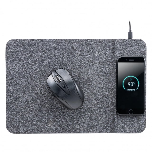 Allsop PowerTrack Qi Wireless Charging Mousepad in grey with a black wireless mouse on the left and a smartphone on the right displaying 90% charging, featuring a fabric tracking surface, LED charging indicator, and suitable for charging Qi-standard devices including Apple AirPods.