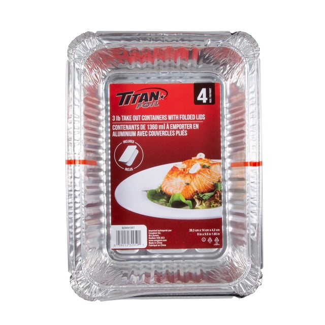 TITAN Aluminium 3 LB Take Out Containers With Folded Lids, 4 Count