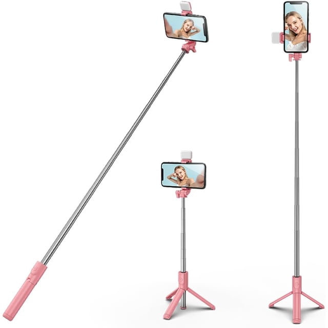 KOMI Selfie Stick Tripod with Fill Light, 40 inch Extendable and Portable Stable Selfie Stick Tripod with Wireless Remote Compatible with All Cellphones for Selfies, Live Streaming, Video, Pink