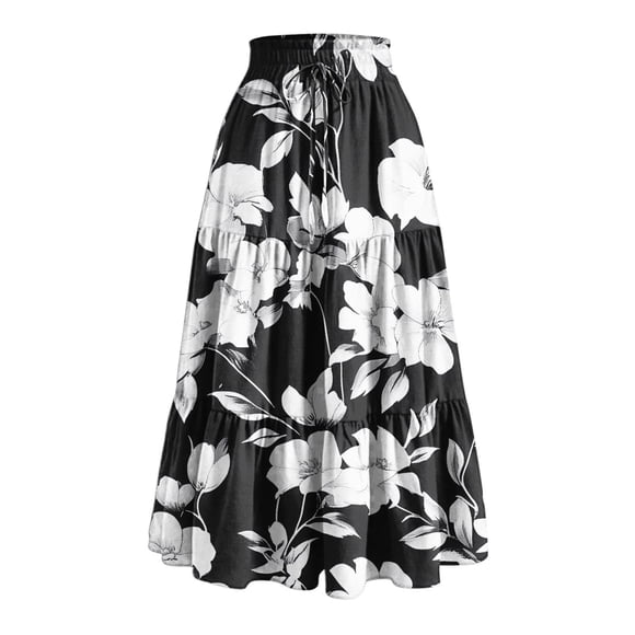 Amzcrzy Skirts for Women Casual Elastic Waist Drawstring Maxi Skirt Trendy Floral Print Long Skirts for Women Pleated Tiered Flowy Summer Skirts