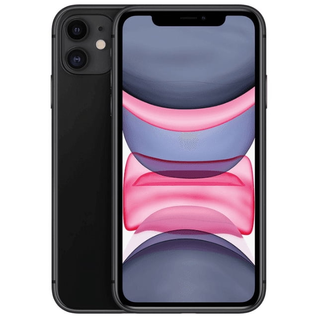 Pre-Owned iPhone 11 Unlocked (CDMA + GSM) 64GB Black (Good) front-facing view of a black iPhone 11 centered on a white background showing black glass display and rounded aluminum frame; includes USB cable and runs iOS 15.4. Notes minor shallow screen scratches and light frame wear; 12MP camera with 4K and slow-motion video recording.