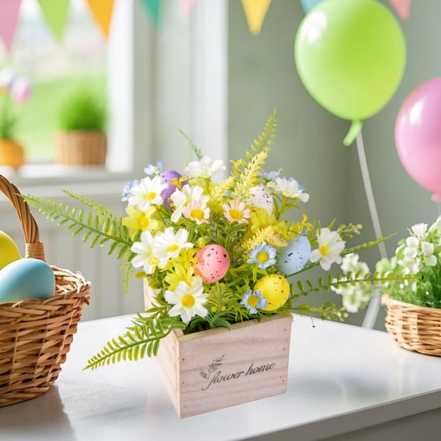 TIMIFIS Wood Holidays Decorations, Home Decor Spring Easter Simulation Home Holiday Decoration Centerpieces Fake Flowers Colored Eggs Spring Decoration Table Pendant