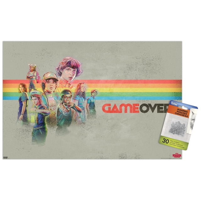 Netflix Stranger Things 3 - Affiche Murale Game Over avec Punaises, 14,725 Po x 22,375 Po, Présentant des illustrations Stylisées de Personnages Stranger Things devant une Rayure Arc-en-Ciel Horizontale sur un Fond Gris Texturé avec le Texte « Game Over » en Rouge et Noir, Imprimée sur Papier Lustré et Incluant 30 Punaises Transparentes pour une Suspension Facile et Sans Dommages.