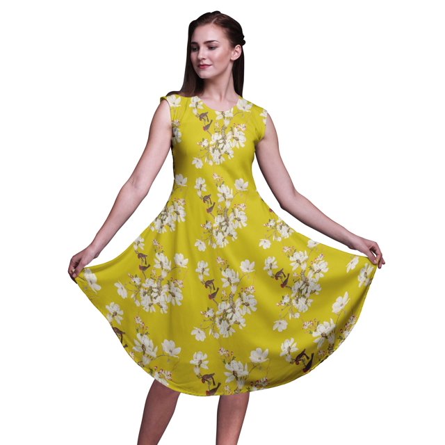 Bimba Robe d'Été Sans Manches à Col Rond pour Femmes, Imprimé Floral Oiseau Jaune et Magnolia, Tenue Décontractée-Xxx-Grand