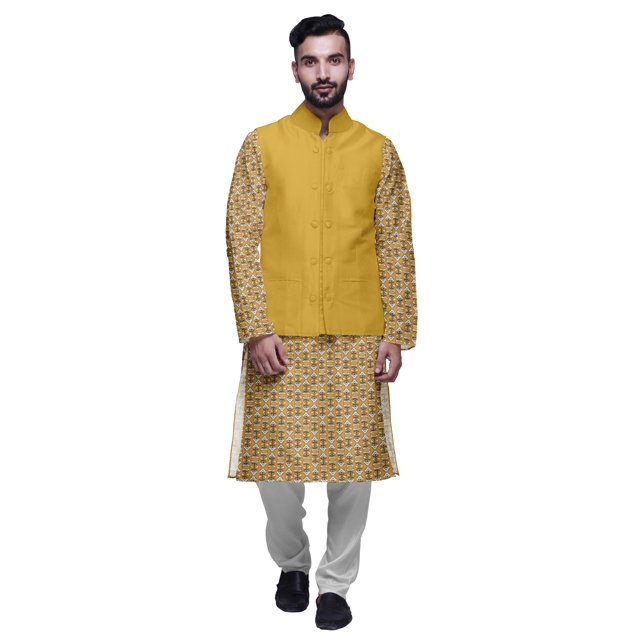 Atasi Mens Kurta Pajama Jacket Indian Mandarin Collar Printed Ethnic Wear Set