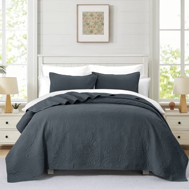 Bourina Modern Floral 3-Piece Quilt Set– Queen,Dark Grey,Lightweight & Comfortable For Adults