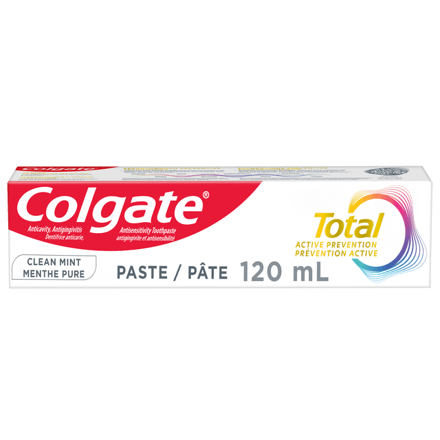 Colgate Total Active Prevention Dentifrice Menthe Propre tube de 120 ml avec Texte Bilingue Anglais et Français, Présentant une protection contre les Caries, l'Antisensibilité et la Gingivite, Saveur Menthe Propre, et une Marque Total Active Prevention avec un logo Tourbillon Coloré, Convient aux Soins Buccodentaires Quotidiens.