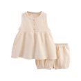 thumbnail image 2 of TopLLC Ensembles de Blouses et Chemises à Manches Courtes Col Rond Mode Décontractée pour Filles Hauts à Manches Courtes Col Rond Boutons Pantalons Courts Unis Ensemble Fille, 2 of 3